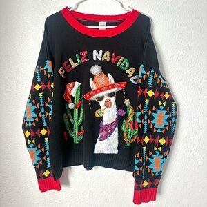 Holiday Time Christmas Sweater Women’s XL Black Felice Navidad Llama Pullover